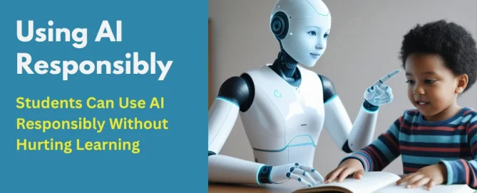 Student learning from a book with the help of an AI robot, illustrating responsible use of artificial intelligence in education.