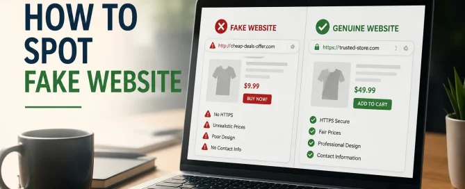 Illustration showing how to spot a fake website versus a genuine website.