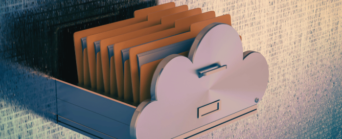 Cloud-shaped file box holding organized folders, representing cloud data storage and digital file management