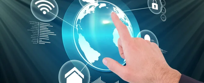 Hand is touching a digital globe representing global internet connectivity, with Wi-Fi, cloud, security, and network icons.
